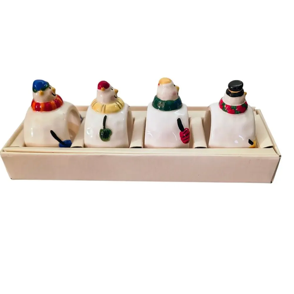 Set of 4 Williams Sonoma Snowman Ceramic Napkin Rings Holiday Christmas